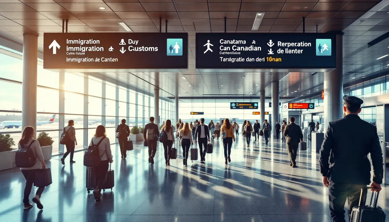 Un aéroport canadien avec des panneaux de douane et d'immigration pour les visiteurs.