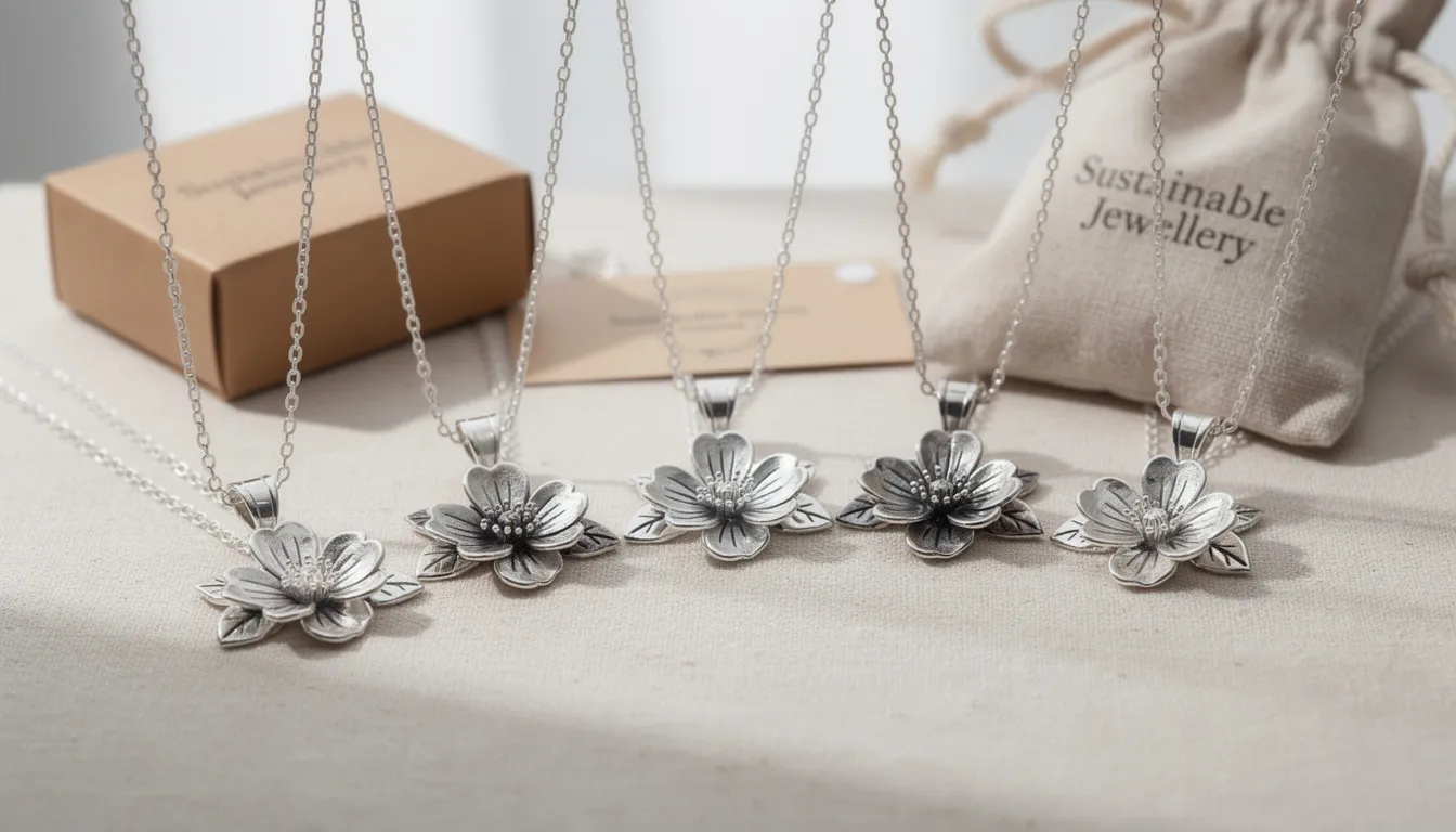 A beautifully crafted silver flower necklace made from premium sterling silver, showcasing intricate details of flowers and nature, perfect for adding elegance to any jewellery box. This piece combines durability and shine, making it an ideal gift for loved ones.