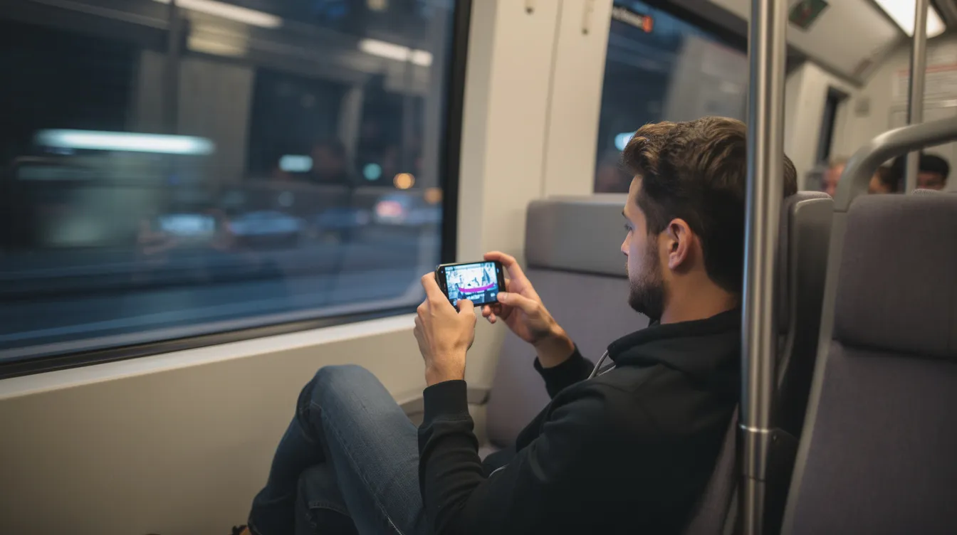 A person is sitting on a train, intently watching a video on their smartphone, showcasing the convenience of online streaming while traveling. The scene captures the essence of video content consumption on-the-go, highlighting the importance of maintaining superior video quality despite varying internet speeds.