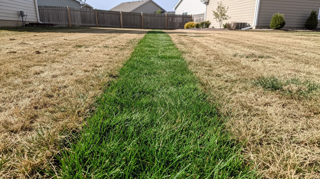 The image shows a residential backyard with a narrow strip of unusually green grass running across a lawn, surrounded by dry grass, which may indicate potential sewer line problems, such as a broken sewer line or sewer line damage beneath the surface. This green patch could be an early warning sign of issues like sewage backup or tree root intrusion affecting the plumbing system.