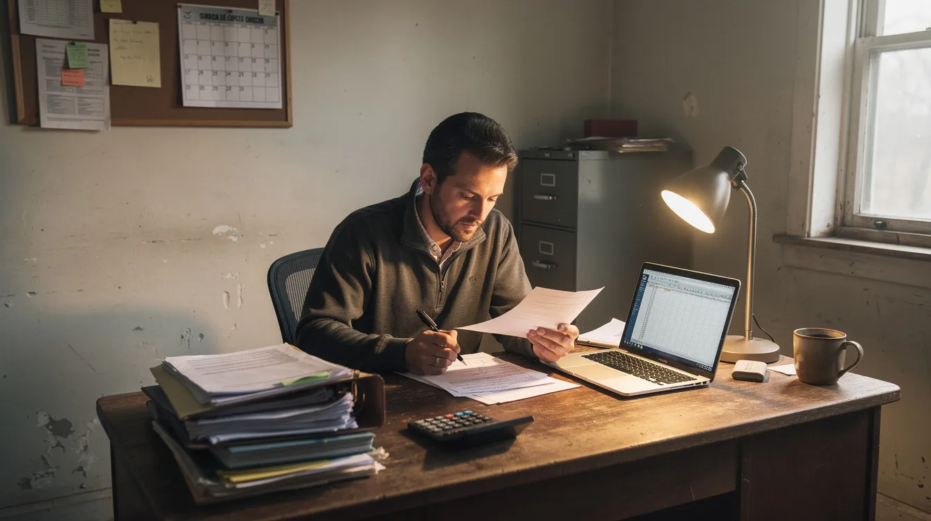 A small business owner is seated at a desk in a modest office, diligently reviewing financial documents related to their mudra loan application. The atmosphere reflects a focus on understanding eligibility criteria and ensuring a good credit score for future business loans.