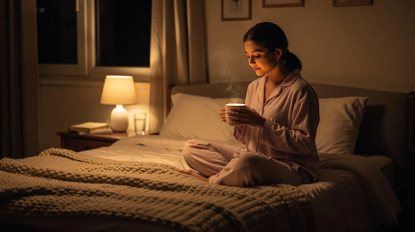 A person is seated in a softly lit room, cradling a warm mug as they prepare for bedtime, embodying a sense of calm and relaxation. This serene moment suggests a focus on sleep quality, potentially enhanced by reishi mushroom supplements known for their sleep support and adaptogenic properties.