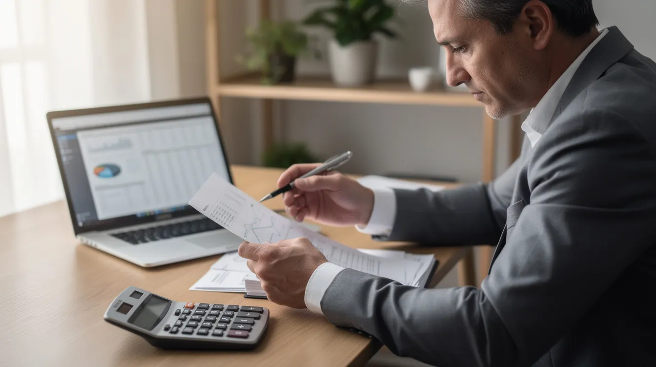 cb30a2c7 71a2 4a15 8e44 ca38821977d7 A small business owner is seated at a desk, carefully reviewing financial documents and using a calculator to assess their financial position. This scene highlights the importance of tracking loans and maintaining a satisfactory credit track record for accessing financial assistance like mudra loans.