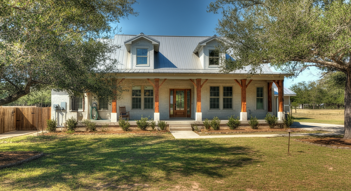 Photograph of a charming modern farmhouse with a metal roof, wooden porch columns, and a lush green lawn, framed by mature trees under a clear blue sky. Evokes warmth and tranquility.