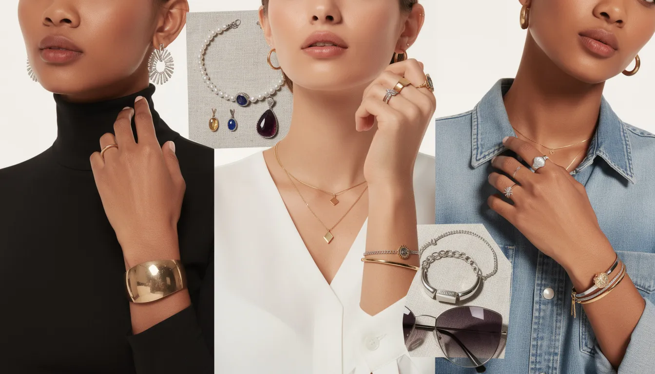 The image showcases a beautifully styled collection of jewelry, including stunning rings, necklaces, and bracelets, perfect for inspiring thoughtful gift ideas for the holiday season. This vibrant display highlights various accessories that can elevate any outfit, making them an amazing choice for personal expression and celebration.