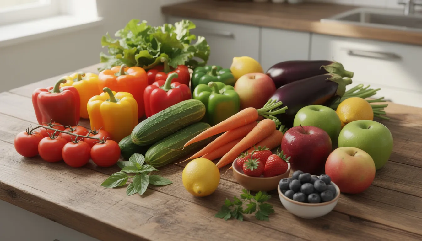 The image showcases a vibrant arrangement of fresh vegetables and fruits on a wooden kitchen counter, highlighting a colorful variety that promotes healthy eating and metabolic health. This visually appealing display reflects the importance of incorporating natural foods into a diet, which may complement the potential benefits of nmn supplementation for human health.