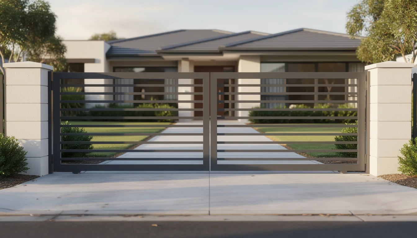 An elegant modern aluminium slat gate stands at the entrance of a contemporary suburban home, enhancing the property's street appeal and security. This automatic gate installation not only offers convenience but also ensures safety for pets and children.