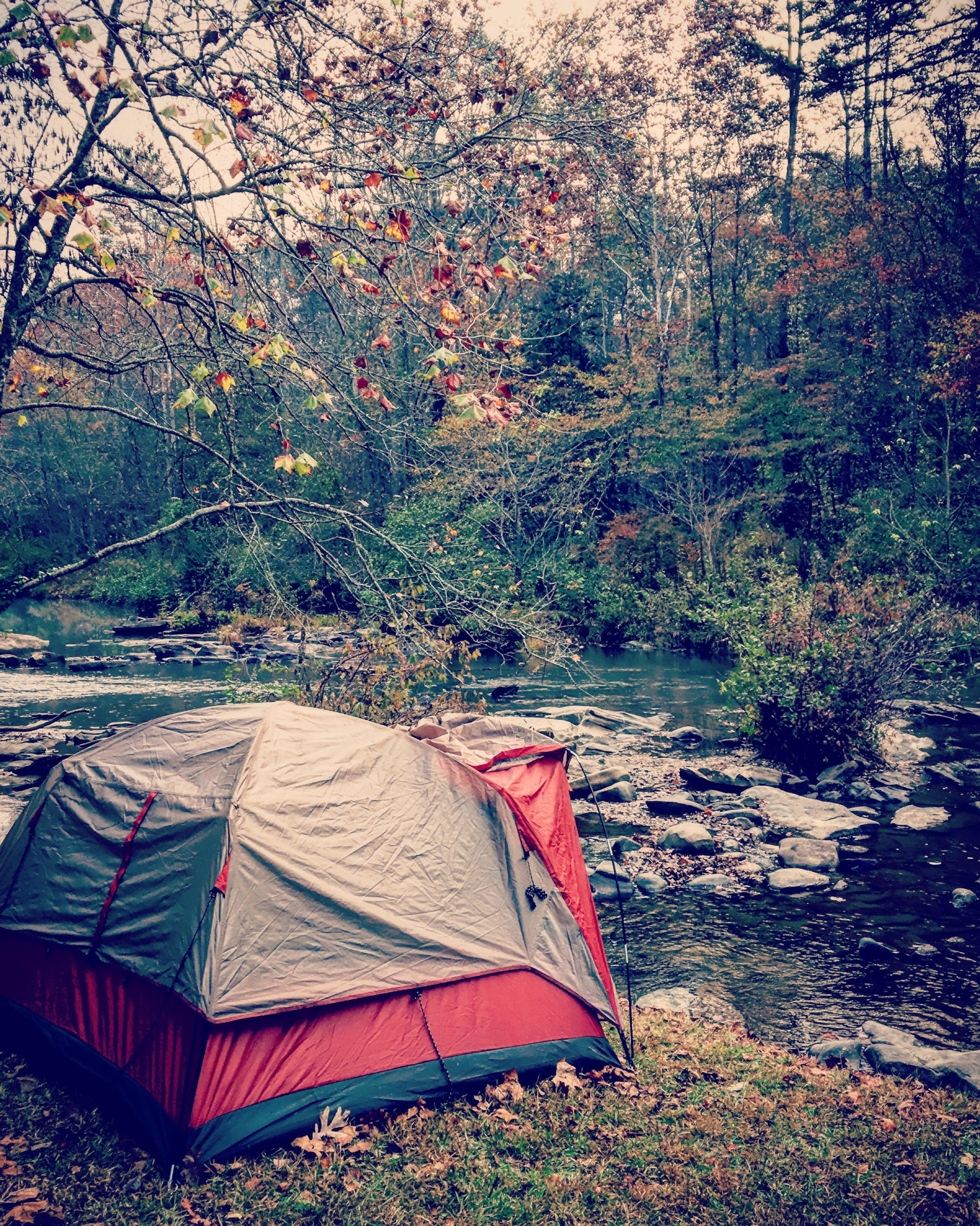 red tent camping by creek