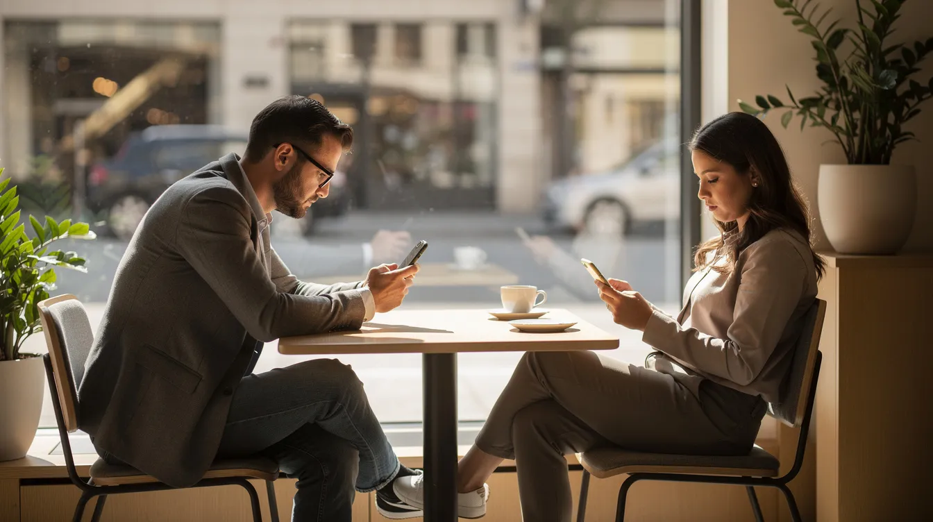 The image shows two individuals sitting at a modern cafe, each focused on their phones, creating a sense of personal space and self-awareness. This scene reflects the importance of healthy boundaries in relationships, as they take time for themselves while enjoying their surroundings.