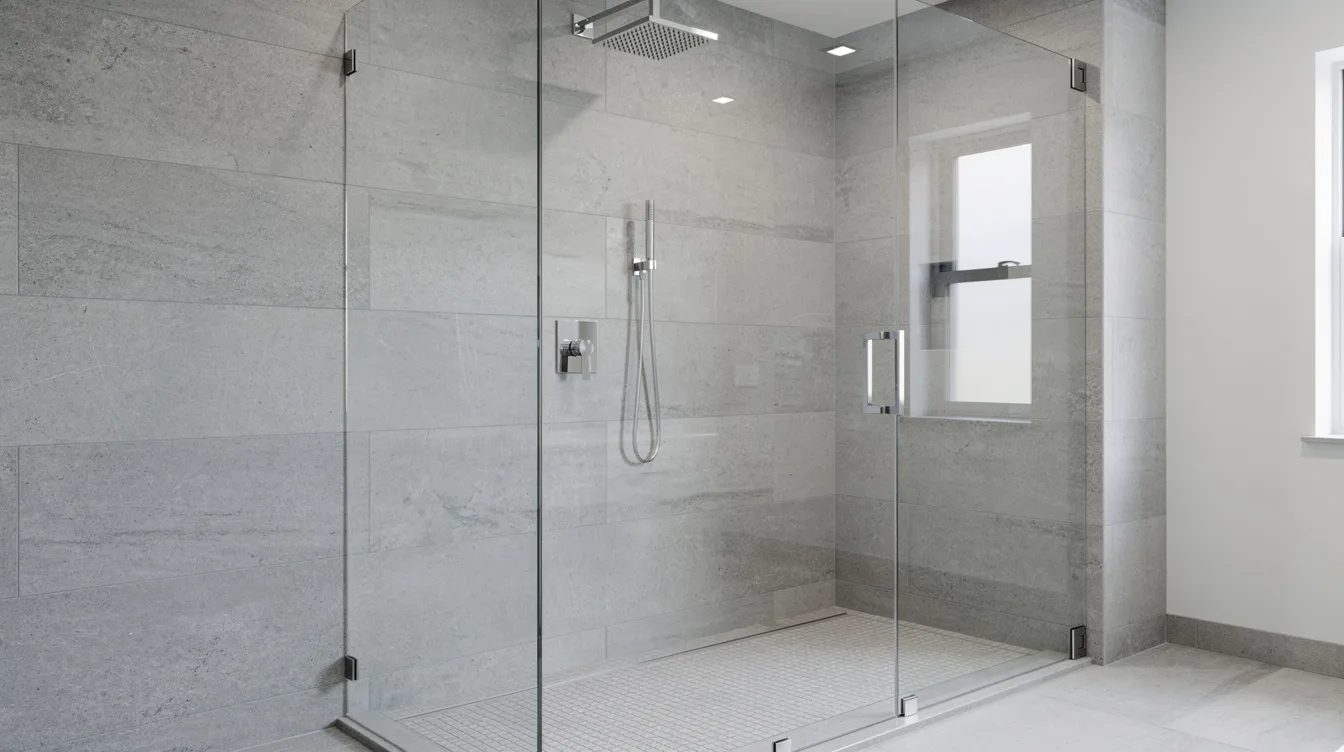 The image depicts a modern walk-in shower featuring sleek chrome fixtures and transparent glass panels, showcasing a dual shower head system that includes both a fixed rainfall shower head and a handheld shower head. This luxurious setup offers a spa-like shower experience with multiple spray options for full body coverage, enhancing the overall shower experience.