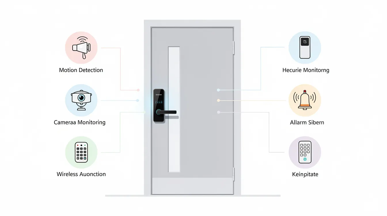 A secure door with a smart lock, emphasizing home security system features.