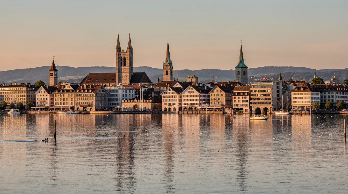The image depicts the stunning Zurich skyline, showcasing historic buildings in the foreground alongside the serene lake, with the backdrop of the city’s modern architecture. This vibrant scene represents the beauty of Switzerland, a country known for its picturesque landscapes and rich history.