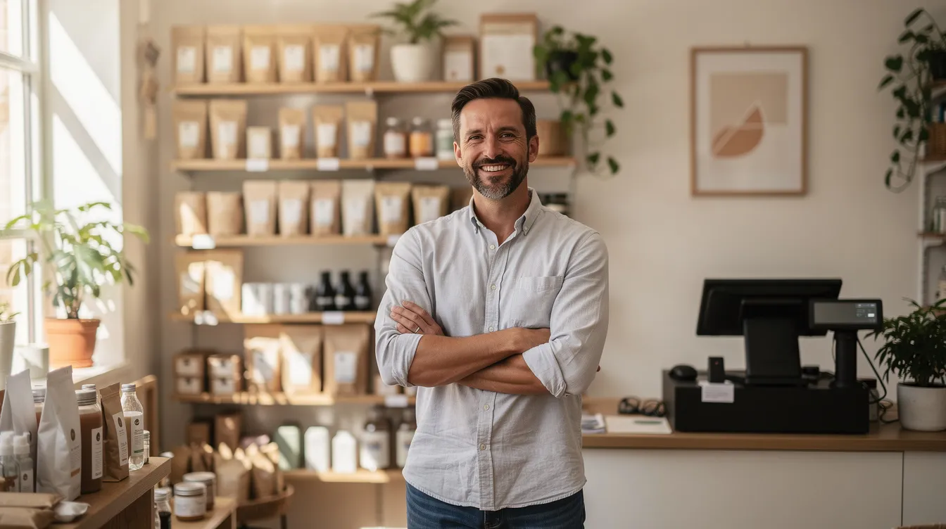 A confident small retail store owner stands proudly in their shop, reflecting success after securing funding to grow their business. The image captures the essence of professionalism and opportunity, symbolizing the potential for small businesses to thrive through structured working capital programs and flexible financing solutions.