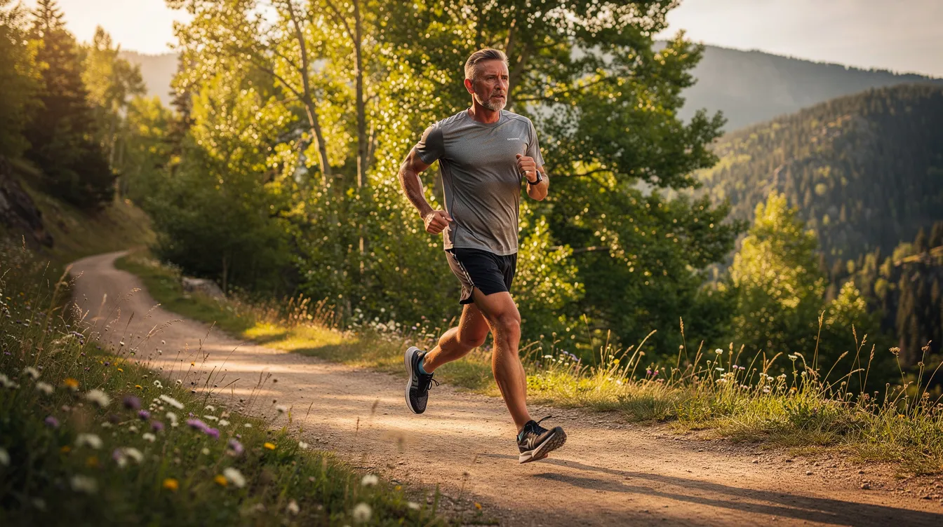 A fit middle-aged man is jogging outdoors on a scenic trail, surrounded by lush greenery and trees, promoting a healthy lifestyle that can positively impact male sexual health. Regular exercise, like jogging, can improve blood flow and enhance overall well-being, which may contribute to better sexual performance and stamina.