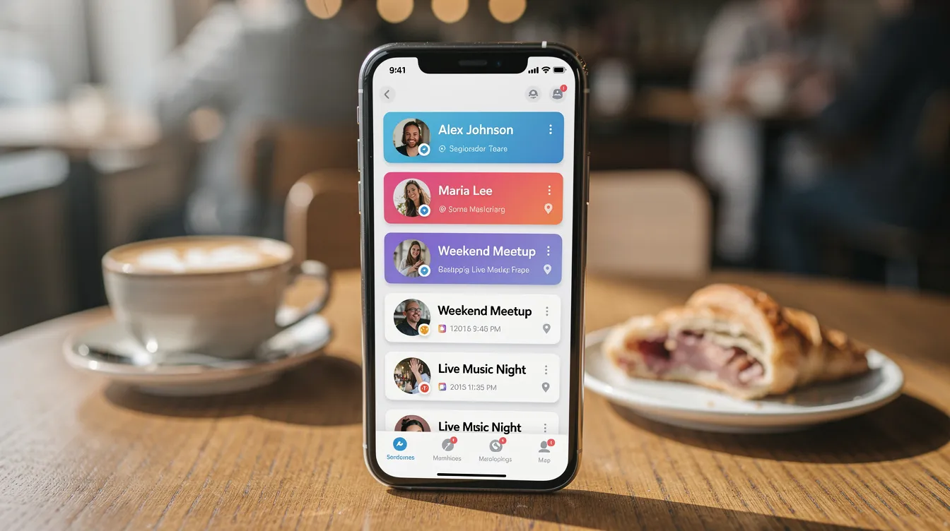 A smartphone is placed on a wooden table at a cafe, displaying a social networking app filled with profile cards and event listings, perfect for users to find activities this season.