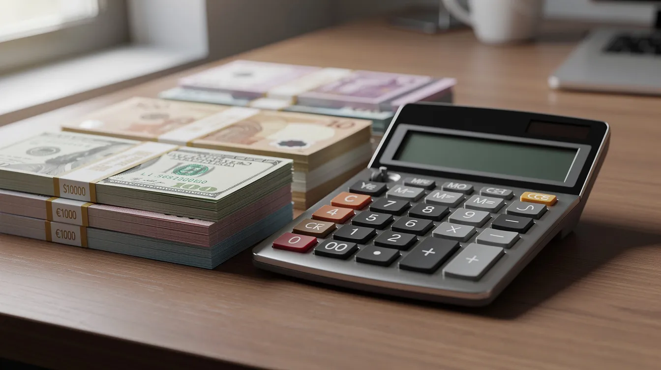 The image shows a calculator placed next to stacks of various currency notes on a desk, symbolizing the process of managing finances and making transactions. This setup could represent activities such as sending money abroad or checking foreign exchange rates, relevant for customers of banks like the State Bank of India.