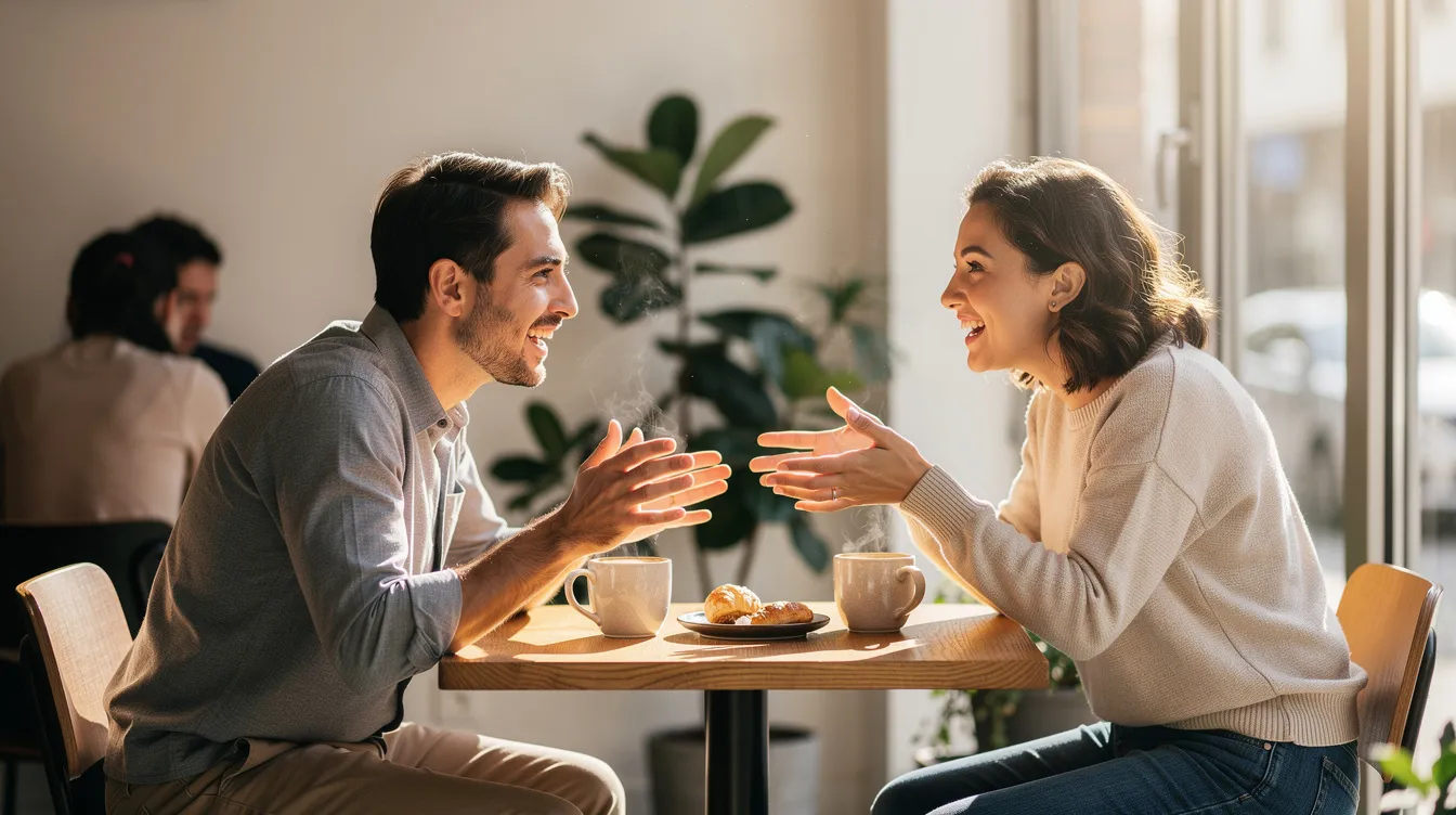 Two people are engaged in a meaningful conversation over coffee at a bright cafe, focusing on their relationship goals and the importance of intentional dating. Their interaction reflects a mutual understanding as they discuss their values and intentions for a potential long-term relationship.