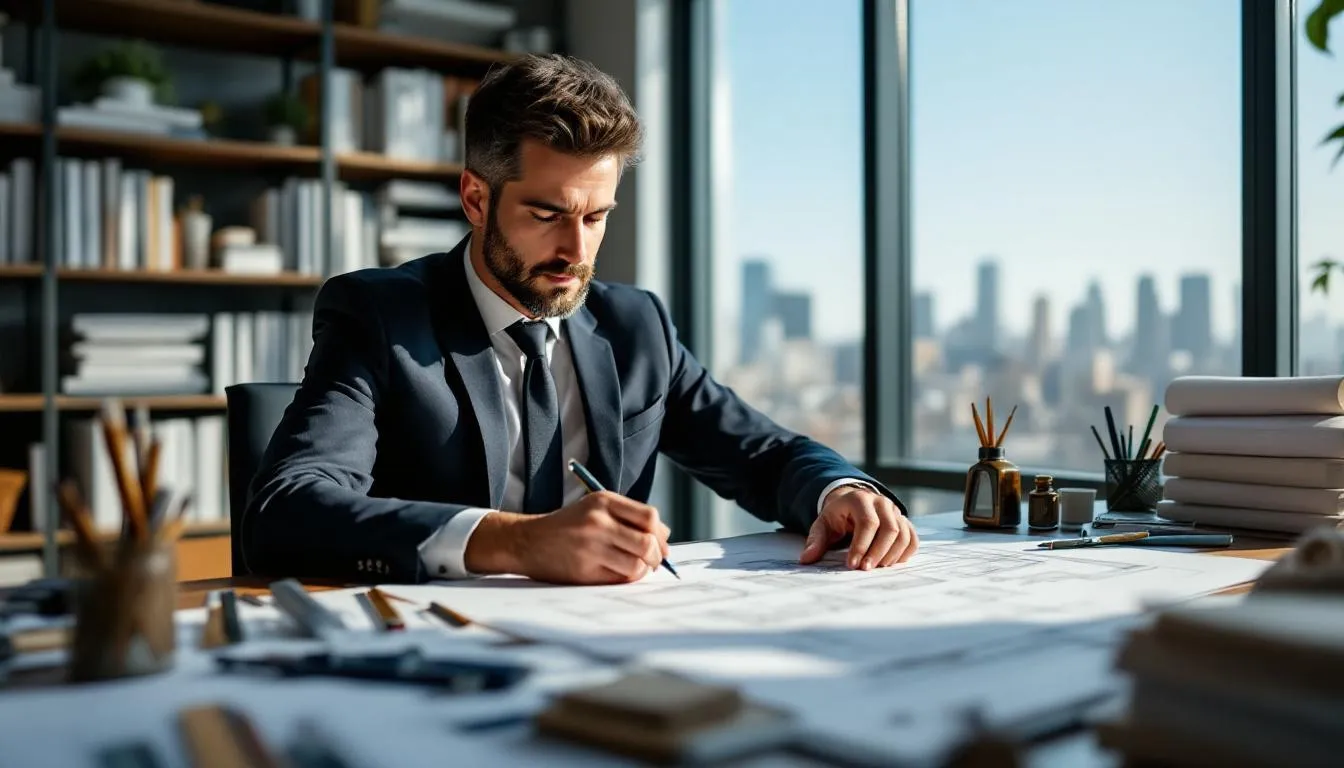 A licensed architect is seated at a desk, sketching detailed building plans with various drafting tools, showcasing their extensive knowledge and expertise in the field of architecture. The workspace is organized with materials and resources that support their creative process, reflecting a commitment to developing new skills and advancing their career in this profession.