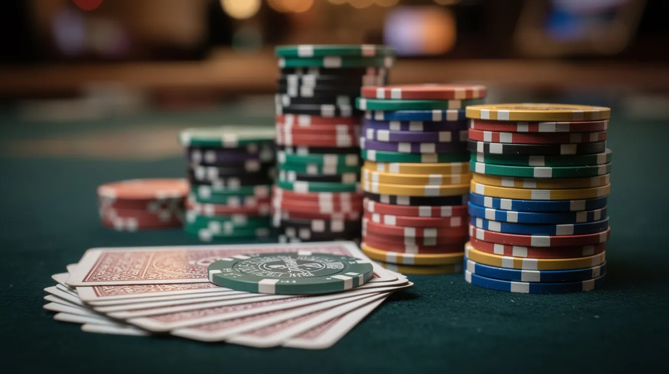 The image shows a stack of colorful casino chips neatly arranged beside a pair of playing cards on a dark green felt table, evoking the atmosphere of an exciting gaming session typical of both online casinos and traditional settings. This scene captures the essence of gambling, highlighting the allure of games found in reputable casinos and non gamstop casino sites.