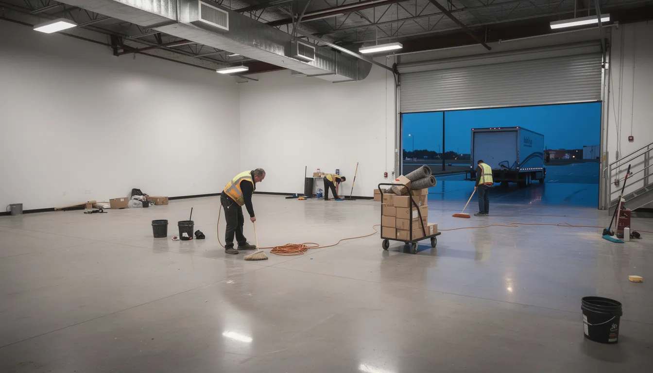 An empty commercial space is shown with a cleaning crew efficiently removing the last items, such as old office furniture and broken fixtures, through a loading dock. The team is committed to responsible disposal and ensuring minimal disruption to business operations during the commercial cleanout process.
