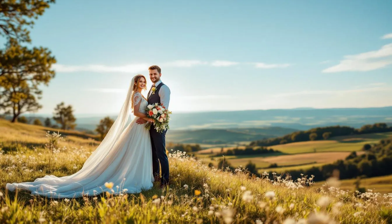 Das Bild zeigt ein glückliches Brautpaar, das vor einer malerischen Landschaftskulisse posiert, umgeben von sanften Hügeln und grünen Wiesen. Diese romantische Szenerie, ideal für Hochzeiten in der Region Rhein-Neckar, vermittelt eine Atmosphäre von Liebe und Freude, perfekt für unvergessliche Hochzeitsmomente.
