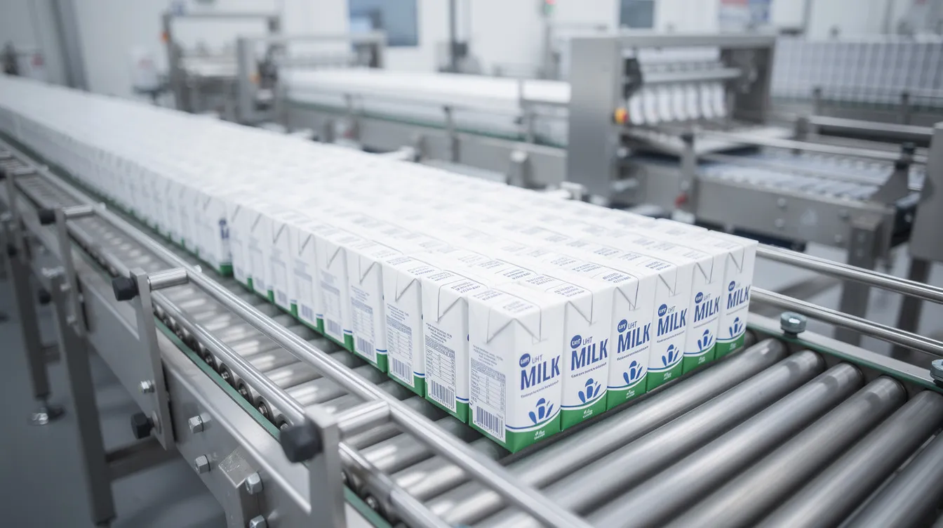 The image shows rows of sealed UHT milk cartons moving along a conveyor belt in a dairy processing plant, highlighting the efficient packaging process of ultra high temperature milk. This setup is essential for maintaining the quality and long shelf life of dairy products while meeting consumer demand.
