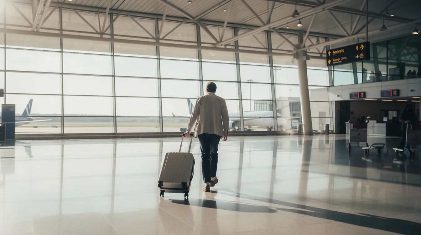 A traveler with a suitcase is walking through a spacious and modern airport arrivals hall, surrounded by large windows and sleek design elements. This bustling area serves as a hub for travelers, where they can access various services, including car rental options for their onward journey.