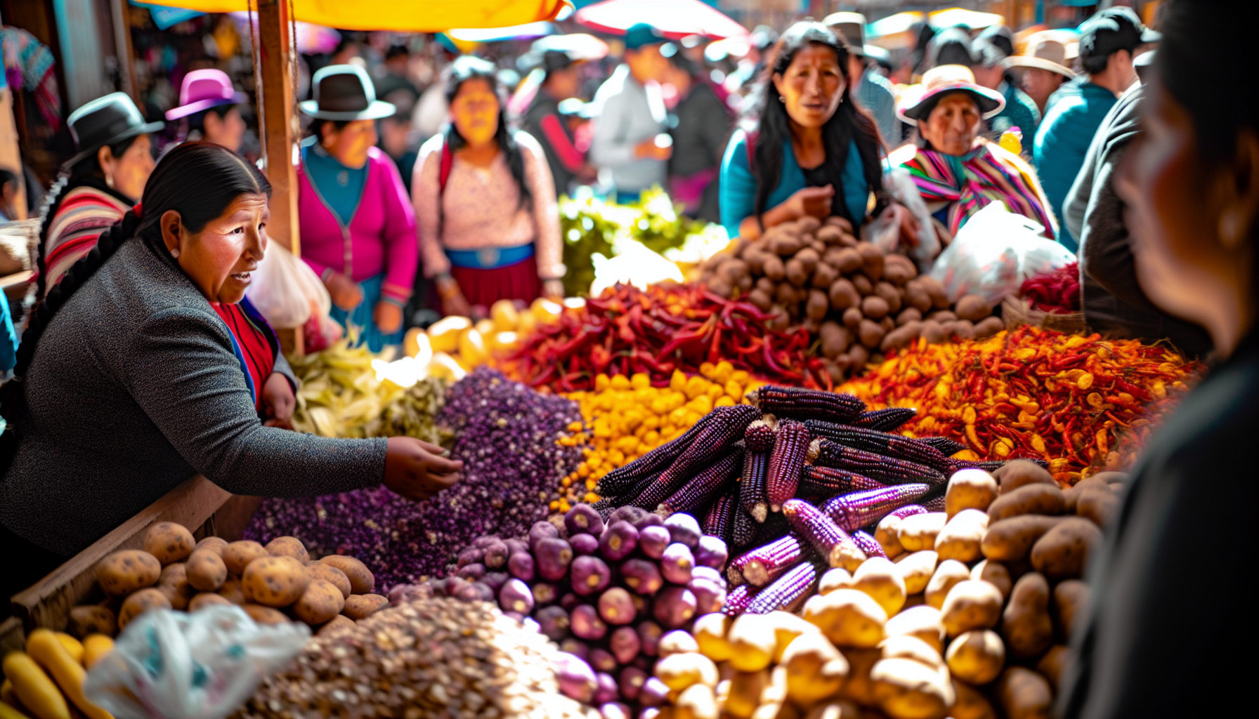 A vibrant display of Peruvian ingredients at a local market