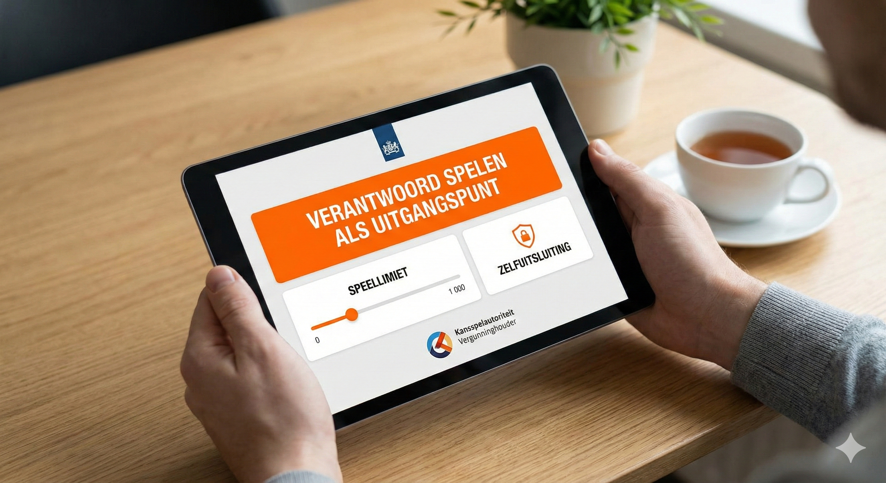 Tablet met overzicht van verantwoord spelen in Nederland, met speellimiet-instelling en zelfuitsluiting, erkend door de Kansspelautoriteit.