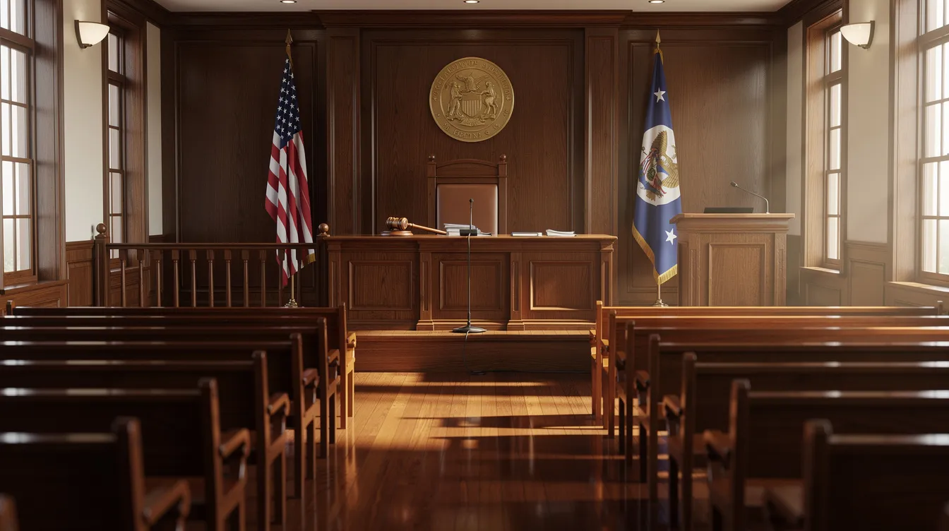 The image depicts an empty courtroom featuring wooden benches and a judge's bench, illustrating a space where civil lawsuits and jury trials take place. This setting is integral to the legal process, where parties present their cases, and the judge or jury reaches a verdict.