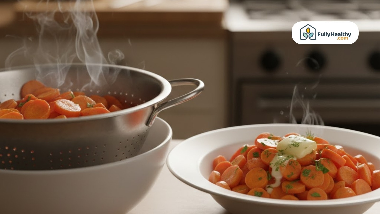 Steamed sliced carrots served with butter and herbs beside draining colander