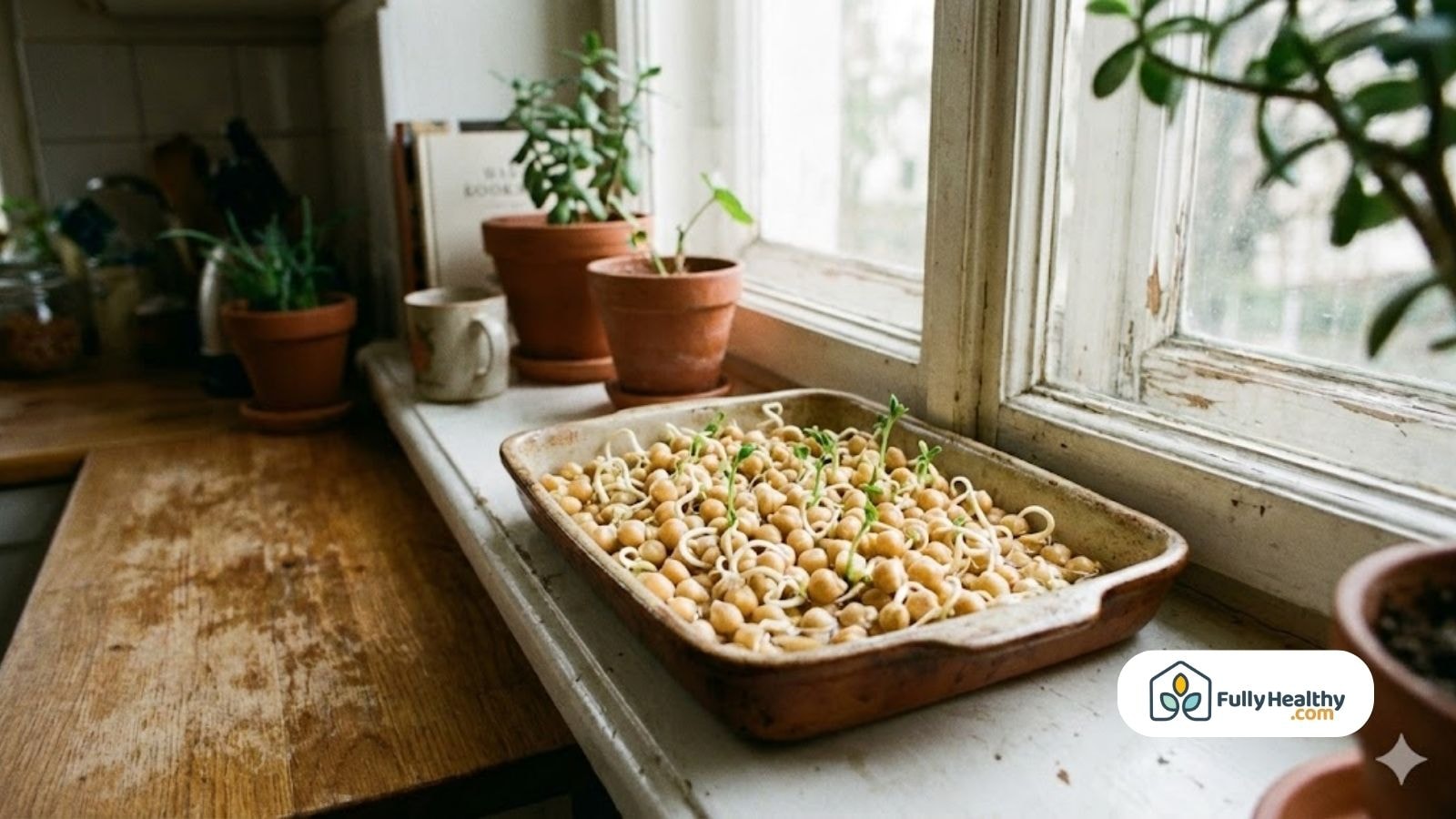 Sprouted chickpeas in a ceramic tray by a sunny kitchen window