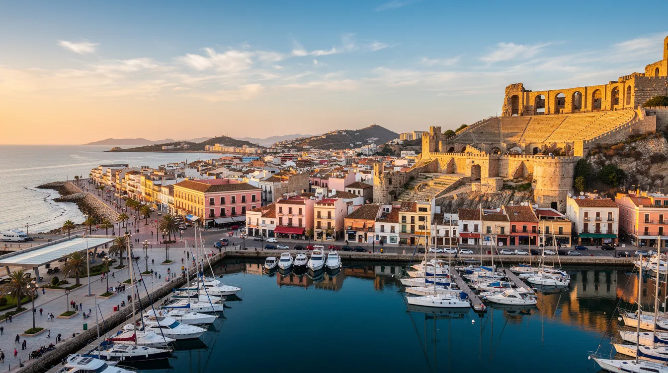 A imagem retrata a cidade de Cartagena, na Espanha, destacando seu centro histórico e as praias ao longo do mar Mediterrâneo. Com uma rica infraestrutura e diversas atrações turísticas, Cartagena é um destino popular para quem busca explorar a gastronomia e as tradições da região.