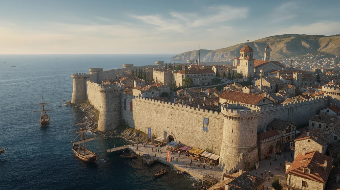A imagem apresenta uma vista panorâmica de uma cidade costeira medieval com muralhas, situada à beira do mar azul do Mar Adriático, destacando a arquitetura antiga e as montanhas ao fundo. Este destino turístico na Croácia é envolto por um clima mediterrâneo, oferecendo um cenário deslumbrante e histórico.