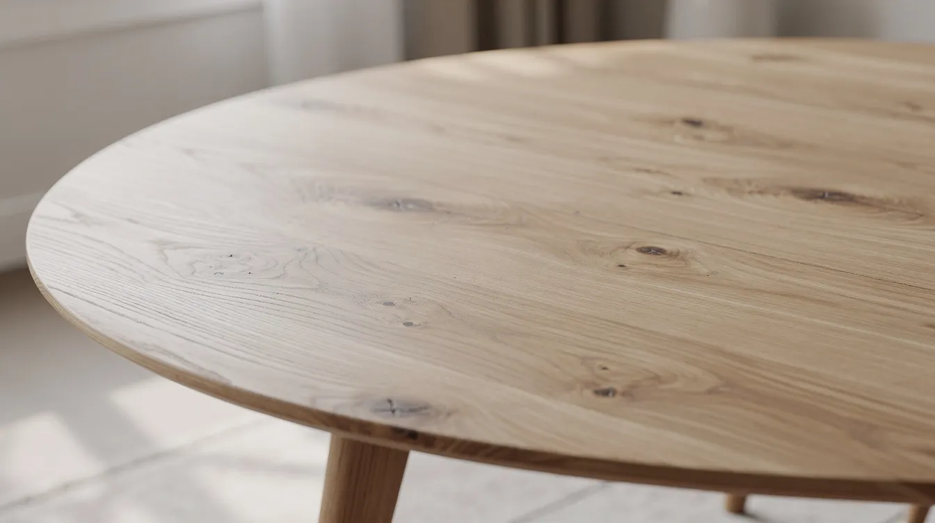 Närbild av ett ovalt matbord i ljus ek, där den vackra ådringen framhäver träets naturliga skönhet. Bordet passar perfekt för sociala tillställningar och skapar en inbjudande atmosfär i hemmet.