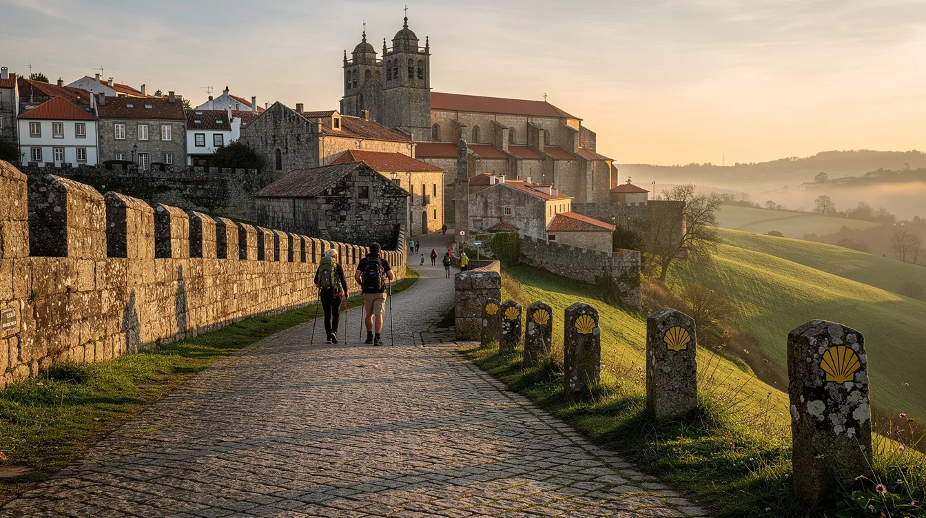 A imagem mostra a Valença de Compostela, uma cidade histórica localizada na Galícia, Espanha. Com suas construções antigas e paisagens encantadoras, é um destino popular para turistas e peregrinos que seguem o Caminho de Santiago.