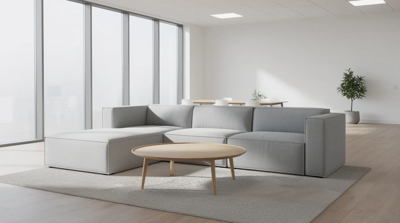 En ljus kontorslounge med en bekväm soffgrupp bestående av modulsofa och ett runt soffbord i trä, vilket skapar en inbjudande och avslappnad miljö för möten och umgänge. Loungemöblerna är designade för att passa olika behov och ger en modern känsla till rummet.
