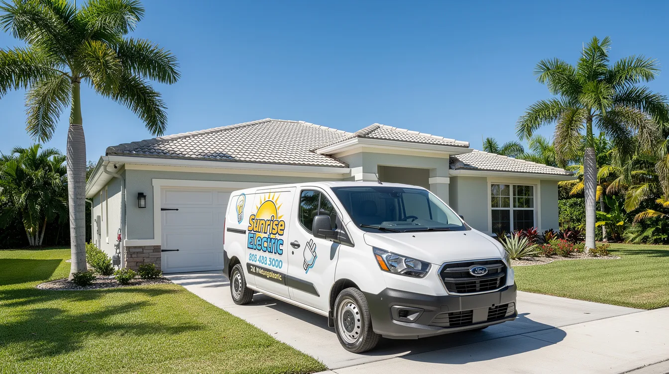 An electrician's branded work van is parked in the driveway of a Florida home surrounded by palm trees, showcasing the local electrical business's presence in the community. This image highlights the importance of effective marketing strategies for electrical contractors to attract potential customers through local search results and online visibility.