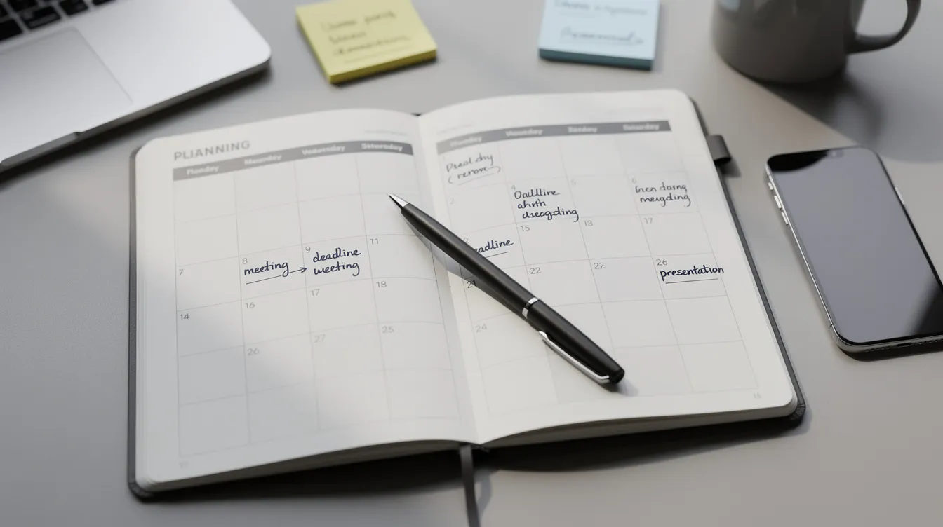 Das Bild zeigt einen professionellen Geschäftskalender, der mit verschiedenen Planungshinweisen und Notizen gefüllt ist. Der Kalender könnte in einem Kontext stehen, der sich mit dem Rescheduling-Prozess von Cannabis befasst, wie etwa den aktuellen Diskussionen über den Status von Cannabis unter dem Controlled Substances Act.