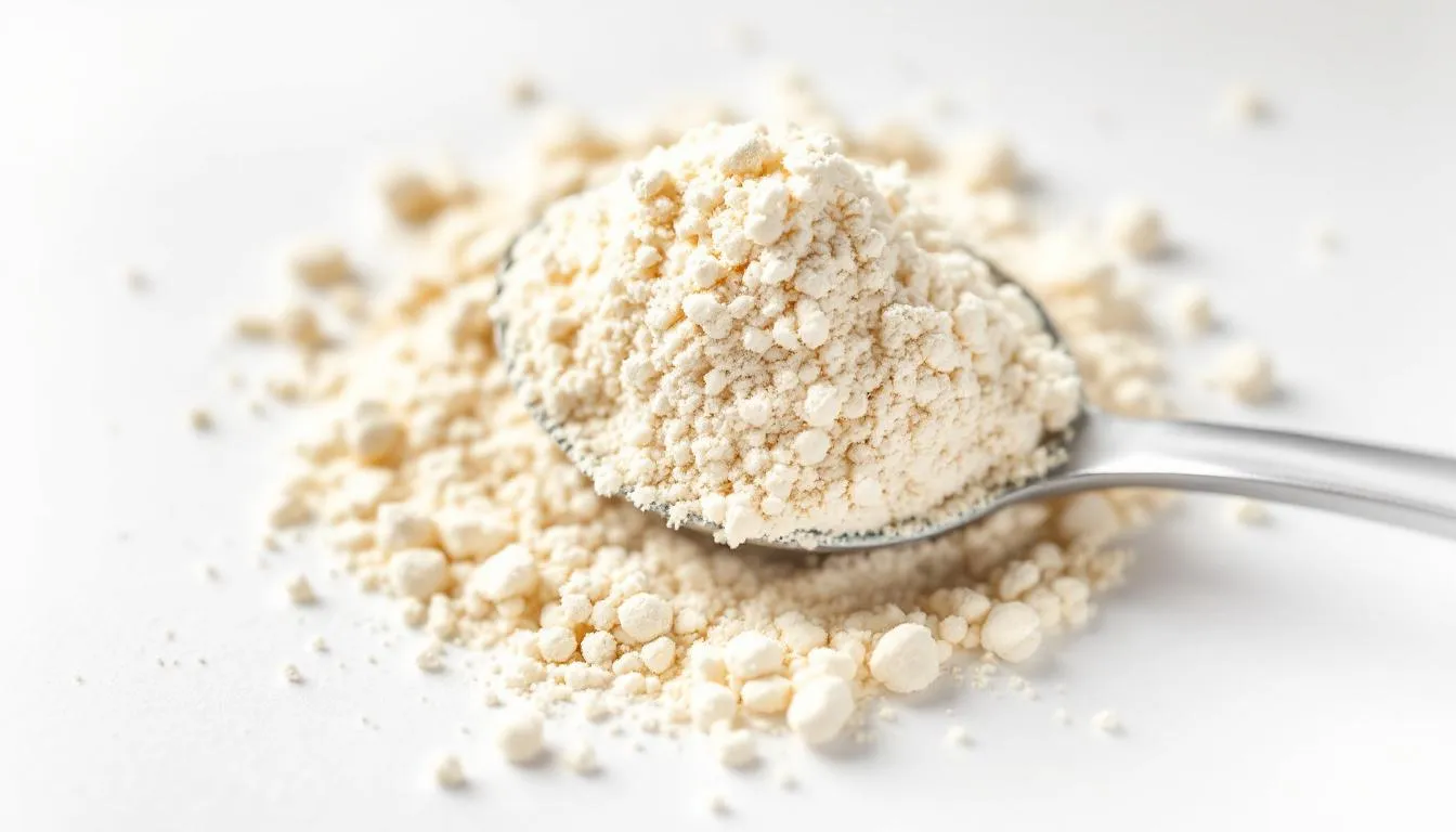 The image shows a scoop of pea protein powder, a plant-based protein source that is high in protein and contains essential amino acids, making it a great option for those following high protein diets. Pea protein is often used in protein-rich foods and supplements to help maintain muscle mass and support muscle growth.