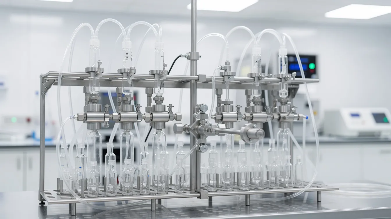 The image depicts automated laboratory synthesis equipment featuring various vials, tubing, and stainless steel components, all arranged in a clean and organized research facility. This setup is essential for peptide research, ensuring quality and stability in the synthesis process for scientific studies.