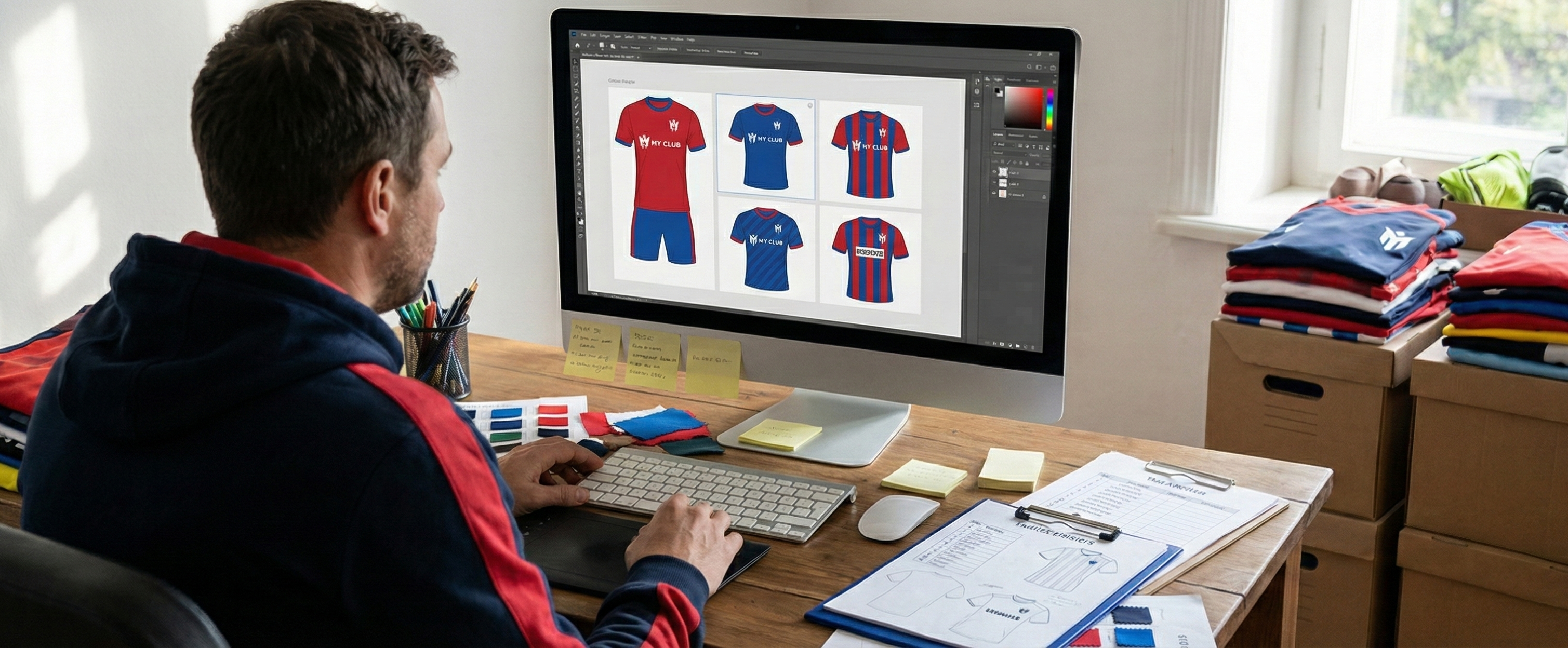 El director del equipo está sentado frente a un ordenador, revisando atentamente los diseños personalizados de las camisetas de fútbol que aparecen en la pantalla, que muestran varias opciones de colores del club, patrocinadores y estilos para todo el equipo. El espacio de trabajo está organizado, lo que refleja el proceso de creación de equipaciones de fútbol de buena calidad adaptadas a las necesidades de imagen y rendimiento del club.