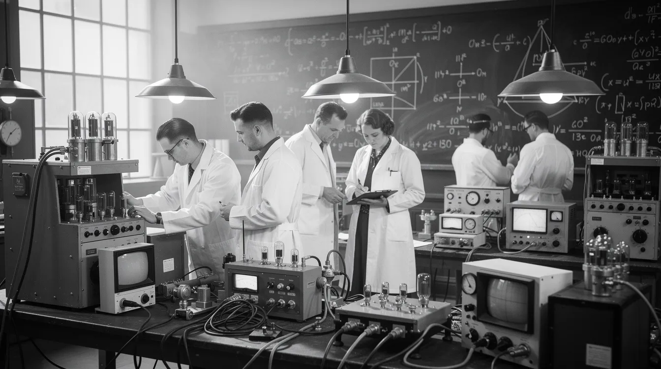 Im Bild sind Wissenschaftler in weißen Laborkitteln zu sehen, die konzentriert an verschiedenen Geräten in einem Labor der 1940er Jahre arbeiten. Im Hintergrund hängen Tafeln mit mathematischen Formeln, die auf die komplexen Berechnungen des Manhattan-Projekts hinweisen.