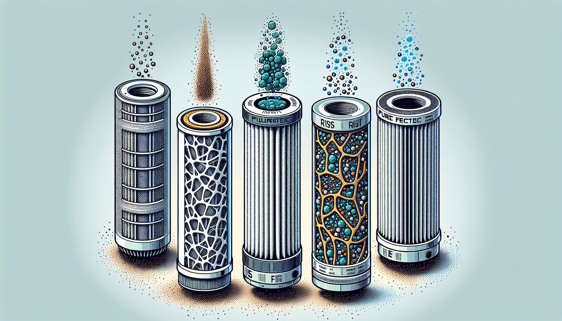 Illustration of different filter cartridge types addressing sediment, rust, and chemicals