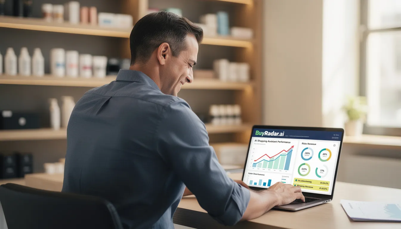 A store owner is sitting at a table, intently looking at a laptop screen displaying improved revenue metrics, a result of using the BuyRadar.ai AI shopping assistant. The scene highlights the impact of artificial intelligence on the online shopping experience, showcasing how virtual shopping assistants can enhance customer engagement and boost sales for online retailers.