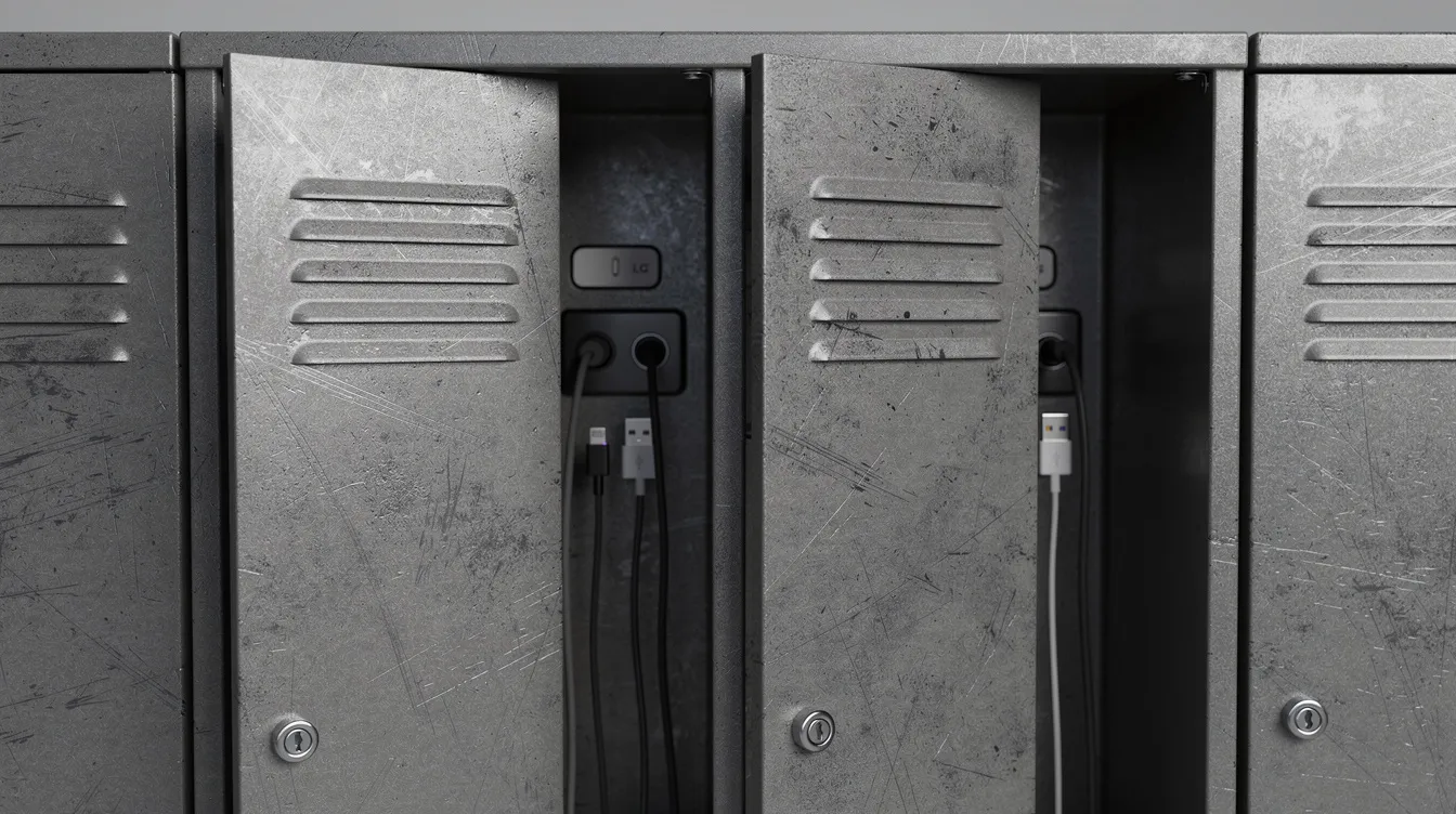 The image features a close-up view of heavy-duty steel locker compartments designed for mobile device management, showcasing visible USB charging cables and ventilation slots. These lockers are built to withstand harsh environments, making them ideal for rugged devices and sensitive data storage in demanding settings.