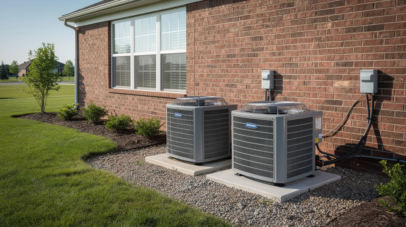 The image shows several residential outdoor AC condenser units situated next to a suburban brick home, highlighting various HVAC systems. These units are essential for cooling, with the potential need for evaporator coil replacement or other maintenance to ensure efficient operation.