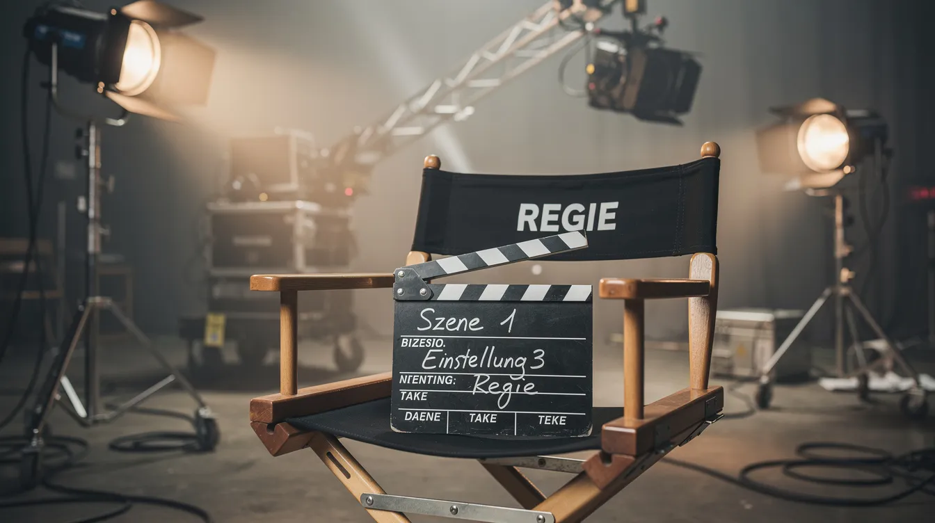 Auf einem Regiestuhl liegt eine Filmklappe, während im Hintergrund ein Filmset mit Scheinwerfern und einem Kamerakran zu sehen ist. Diese Szene vermittelt das Gefühl von lebhaften Dreharbeiten, in denen verschiedene Kameraeinstellungen und -perspektiven zum Einsatz kommen.