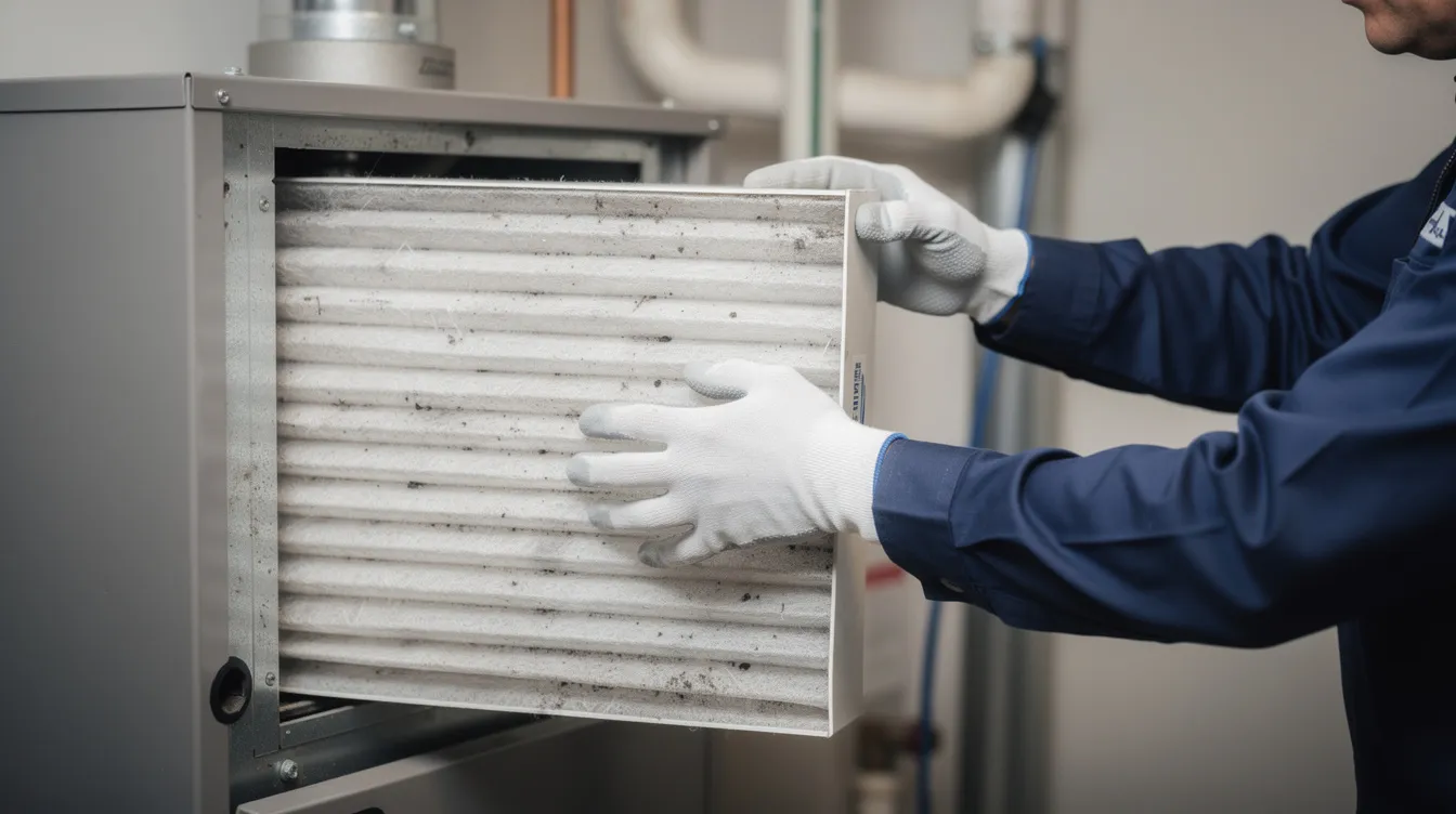 A close-up view of an HVAC technician's hands carefully inspecting an air filter next to a furnace unit, highlighting the importance of maintenance in an air conditioning system for optimal airflow and energy efficiency. The technician's focused attention ensures that the system can effectively cool or heat the home as needed.