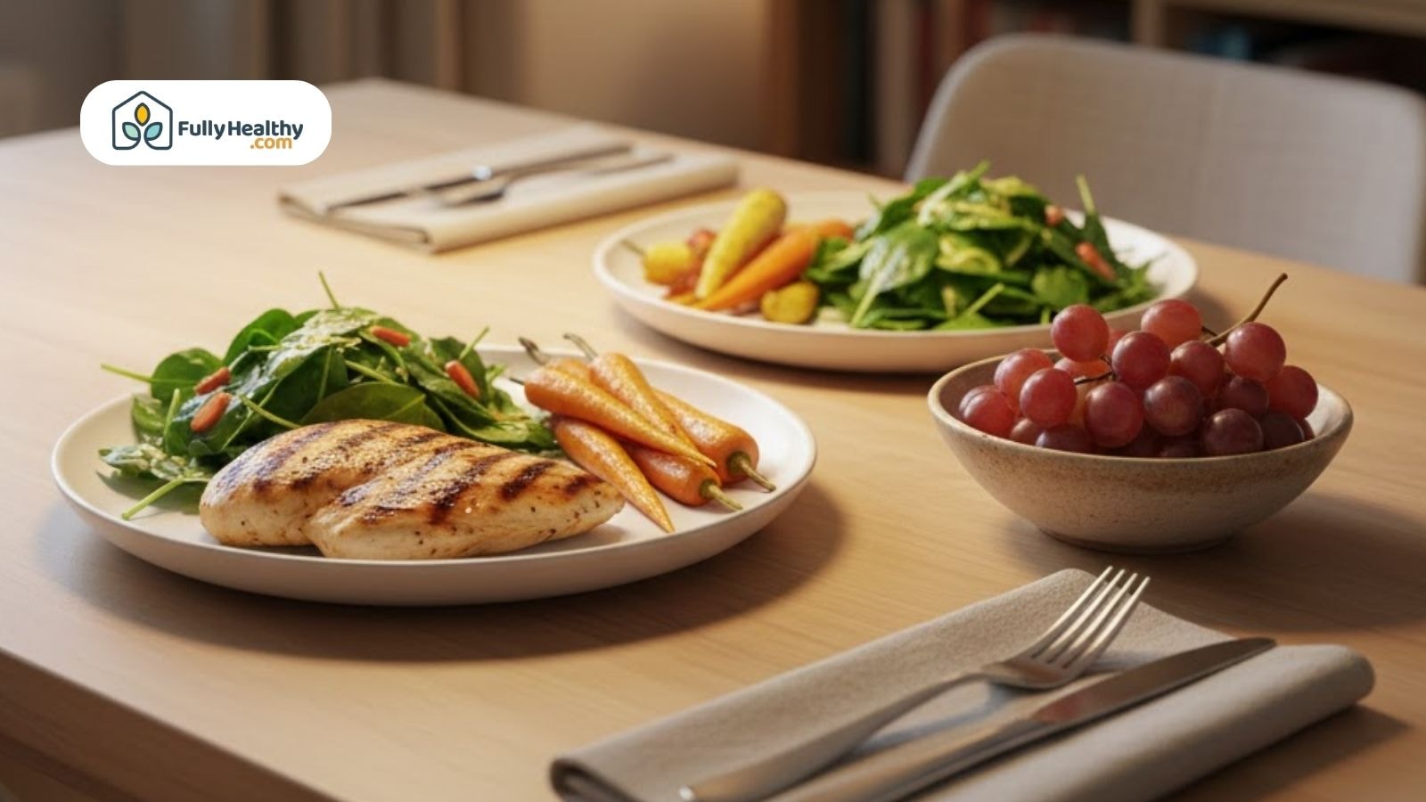 Balanced low FODMAP meal with grilled chicken, vegetables, and a small bowl of grapes on the table.